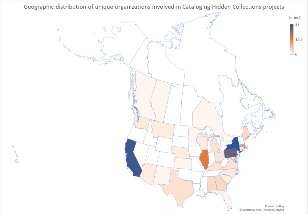 Geographic distribution of unique organizations involved in CLIR Cataloging Hidden Collections projects