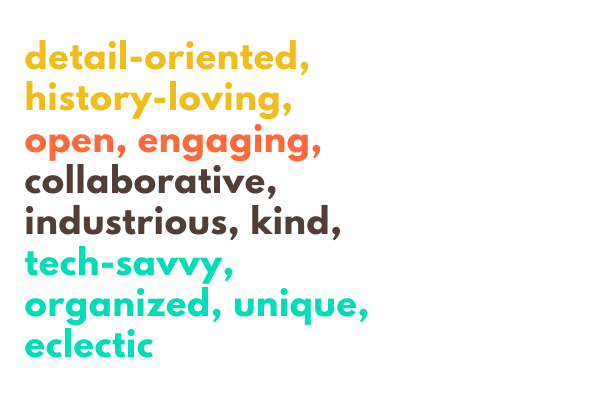 A handful of adjectives in yellow, orange, black, and green