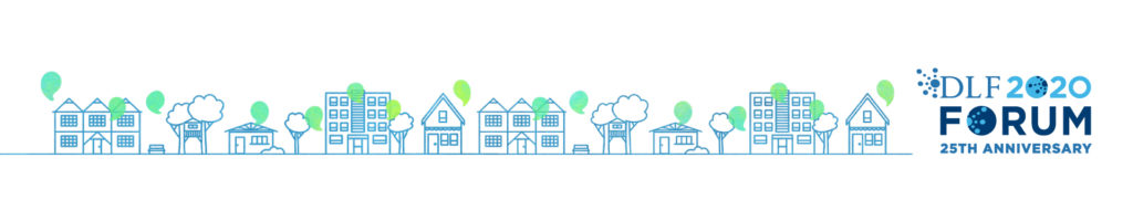 Design for the 2020 event depicts blue houses along the bottom with green speech bubbles coming out of each one.