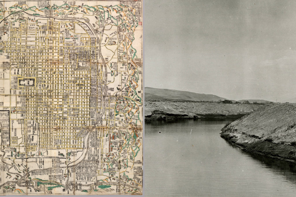 two images side by side. on the left is a japanese map with intricate detail and on the right a photograph of a california aquaduct with still water