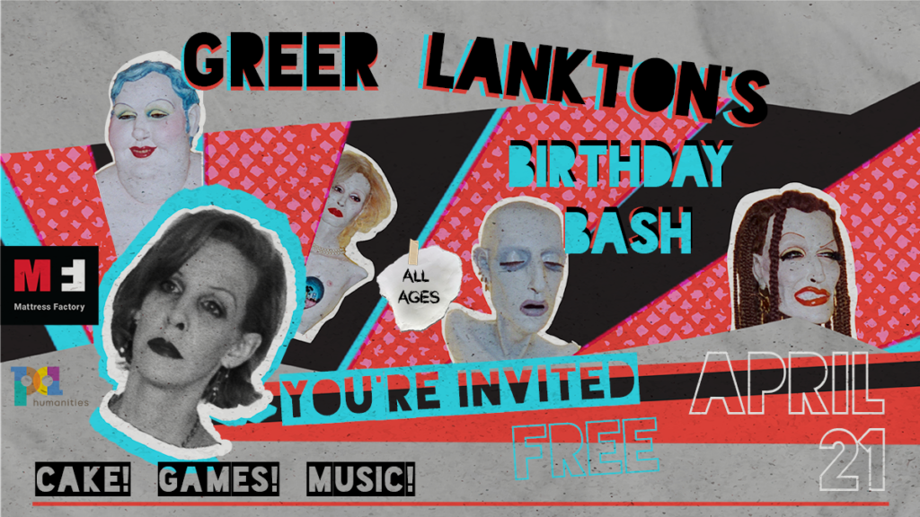 Art collage with black and bright blue text reading "Greer Lankton's Birthday Bash"