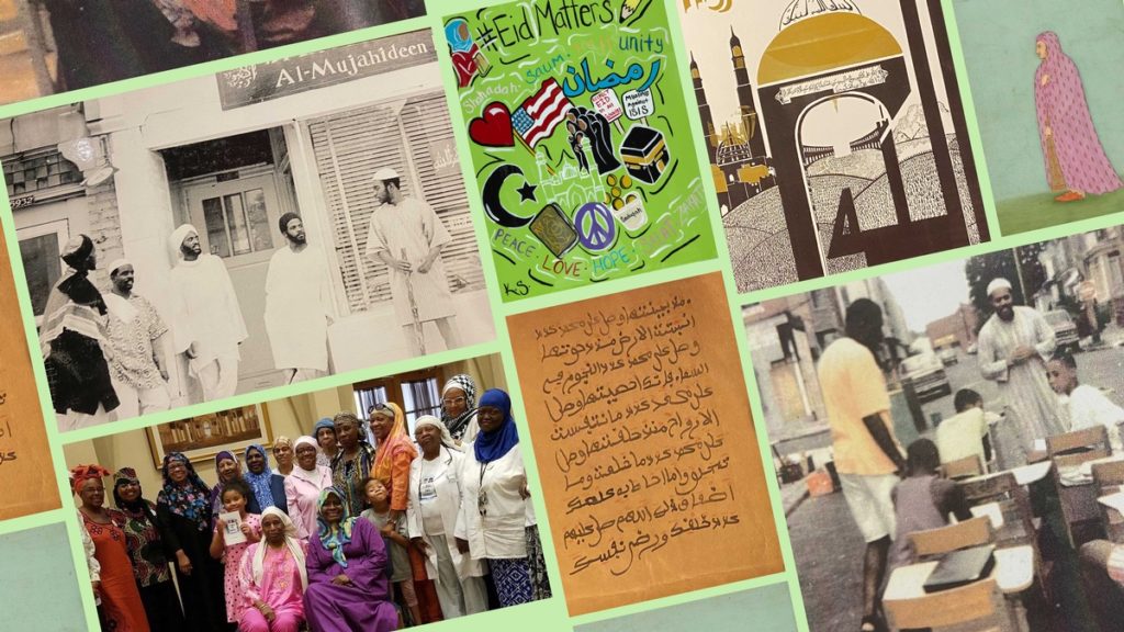 Collage of community photographs and documents with a bright green border around each.