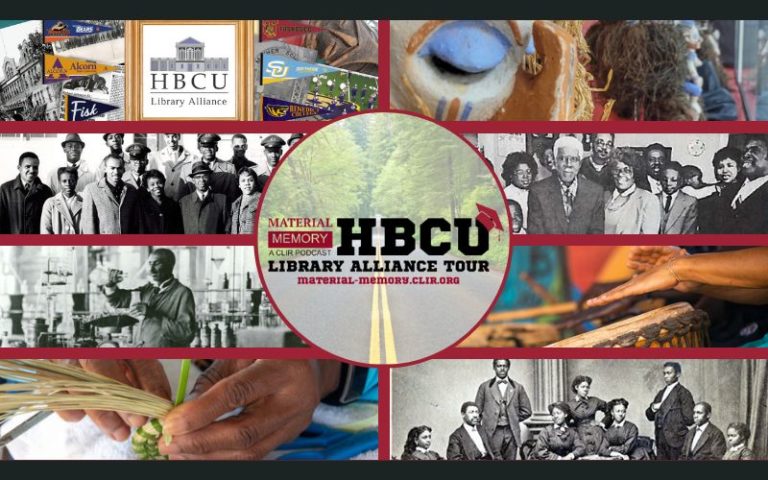 6 image grid of color and black and white images from podcast episodes with HBCU Library Alliance Tour logo in the middle
