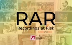 Background: Full color image of 4X4 grid of 16 image with blue, orange, yellow, green gradient filter. Foreground center: two line black text logo of RAR Recordings at Risk.
