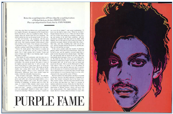 Color image of Vanity Fair article featuring Andy Warhol orange and purple silkscreen of headshot of Prince.