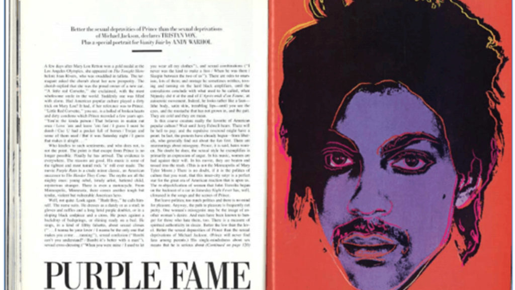 Color image of Vanity Fair article featuring close-up orange and purple silkscreened headshot (Goldsmith, photographer) of the musician Prince from Andy Warhol's Prince series.