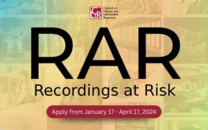 Recordings at Risk logo on muted background of photo grid