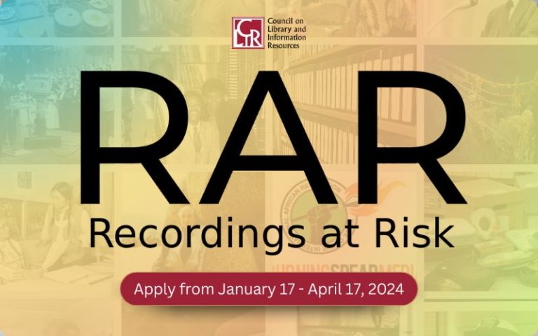 Recordings at Risk logo on muted background of photo grid