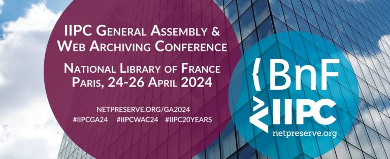 Logo banner for IIPC 2024 conference. Background is BnF library in Paris, France.