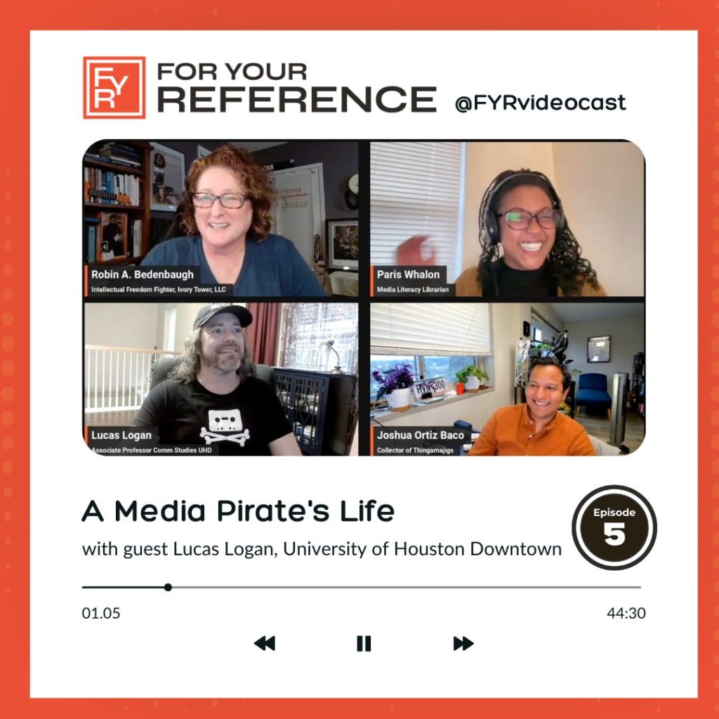 Orange square in shape of video player, featuring image of videocast, name of episode and name of guest.